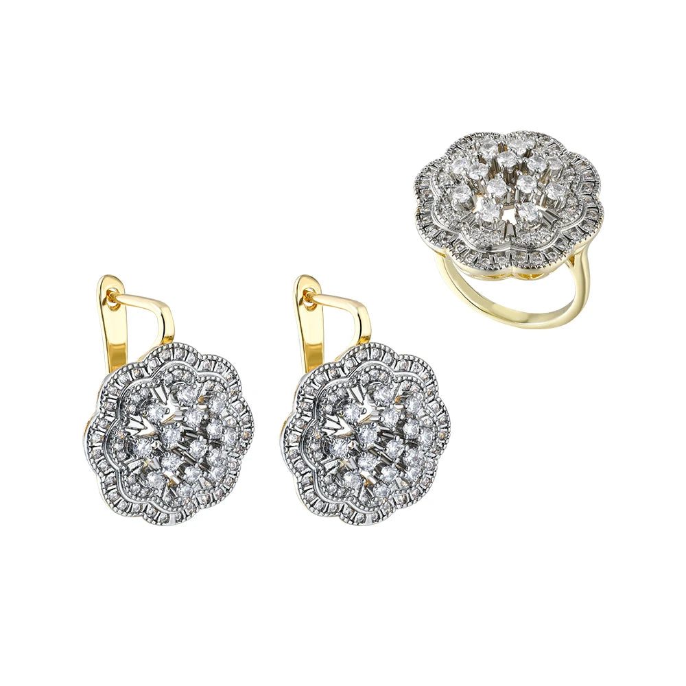 Polygon Inlay Shiny Zircon Hollow Fashion Copper Plated 18K Gold Earrings Ring suit Women Niche Light Luxury Party Decoration