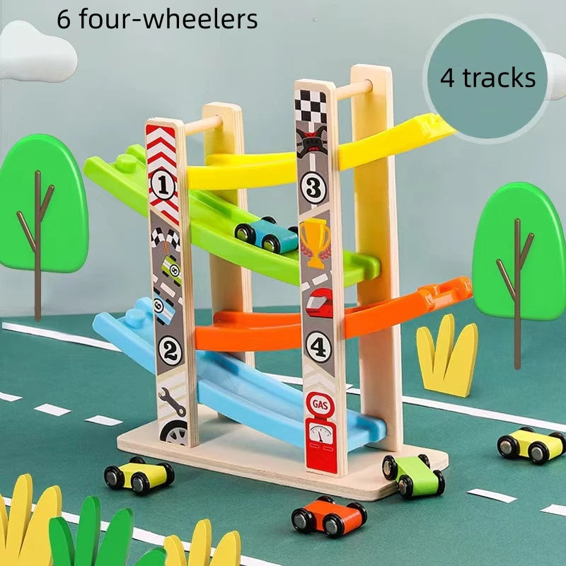 Children's Educational Track 4-Layer Wooden Gliding Car Coasting Racing Car Slide Racing Fun Track Car Educational Toy