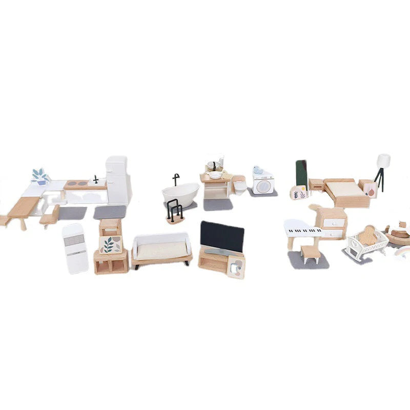 Wooden Play House Toy Set Mini Dollhouse Simulated Furniture Decoration Set Bedroom Kitchen Items Table And Chairs Accessorie