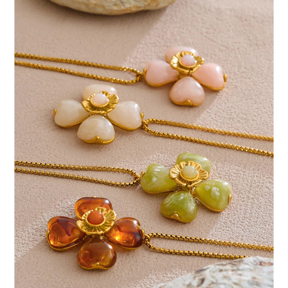Yhpup Hot Style Acrylic Flower Pendant Necklace Earrings Ring Set for Women Stainless Steel Exquisite Jewelry Wholesale
