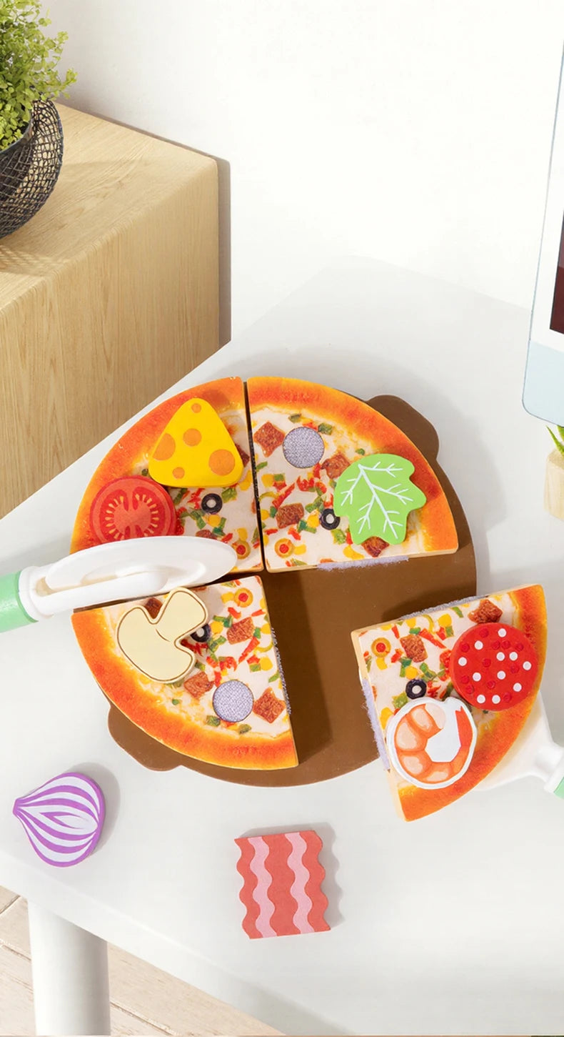 Wooden Simulated Cutting Pizza Pretend Play Toy Educational Kitchen Cooking House Color Recognition Game for Kids 2 Years Gift