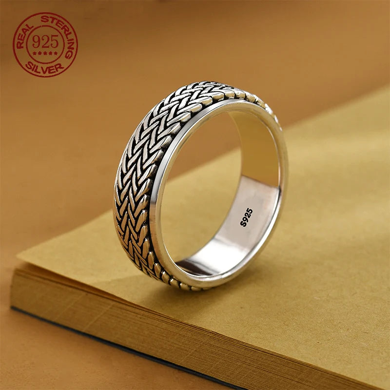 Rotatable S925 Sterling Silver Ring for Men  Vintage Retro Stars Auspicious Cloud Couple Band Women Index Finger Accessories