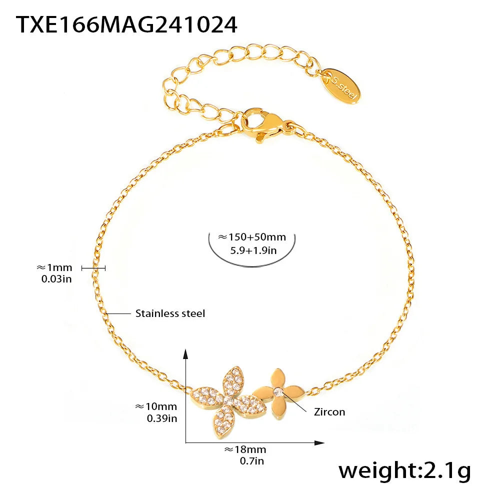 Necklace Bracelet For Women Stainless Steel Zircon Waterproof 4 Petals Flower Pendant Waterproof Chain Charm Jewelry Gift