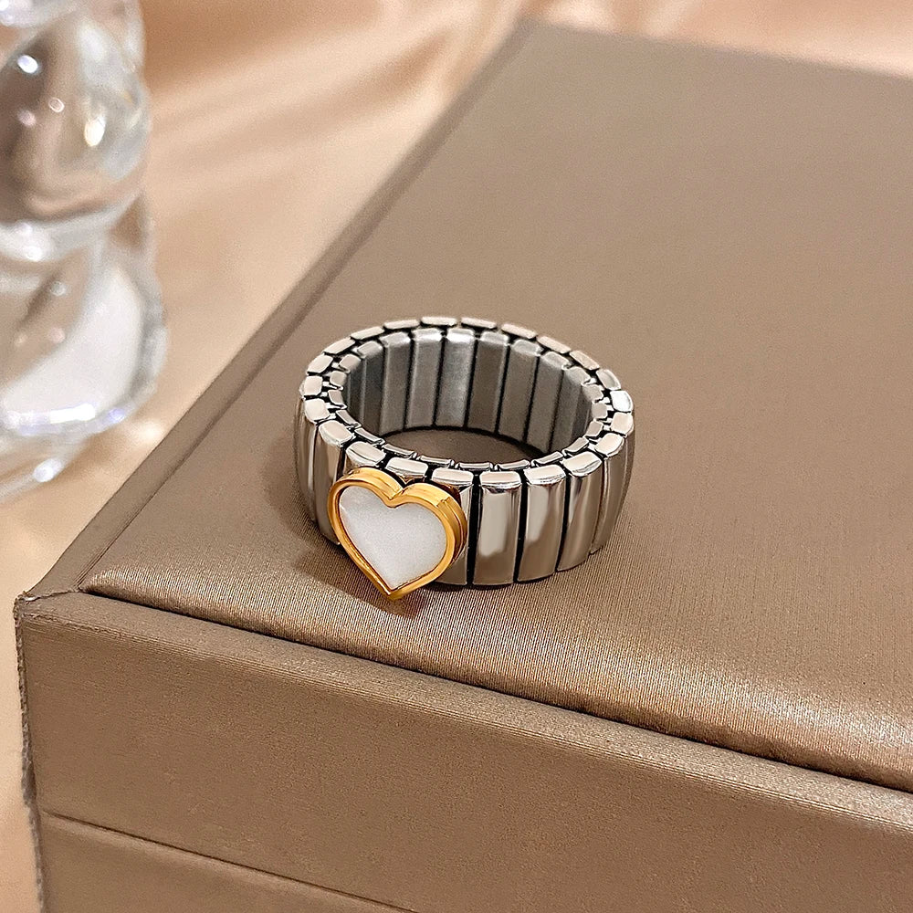 Greatera Elastic Force Stainless Steel Women's Ring Heart Pattern Fashion Colorfast Wide Design Valentine's Day Gift Jewelry