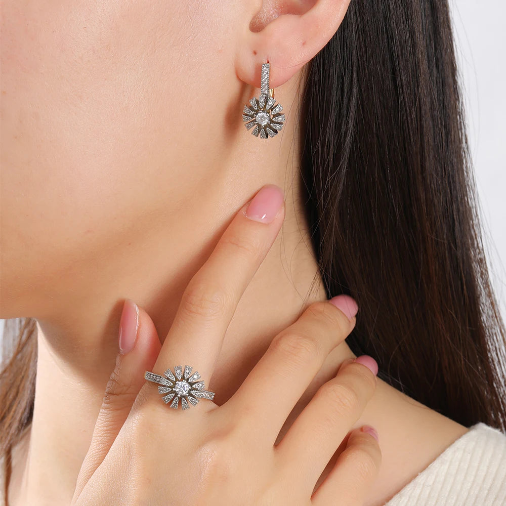 Petal Design Inlaid Synthetic Zircon Ring Earrings Ring suit Copper Plated 14K Gold Retro Fashion Jewelry Banquet Gift