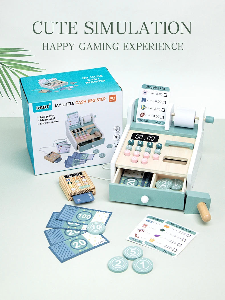 Kids Wooden Simulation Supermarket Checkout Counter Toy Cash Register Kids Role-Play Toys Kitchen Toys Girls Pretend Play