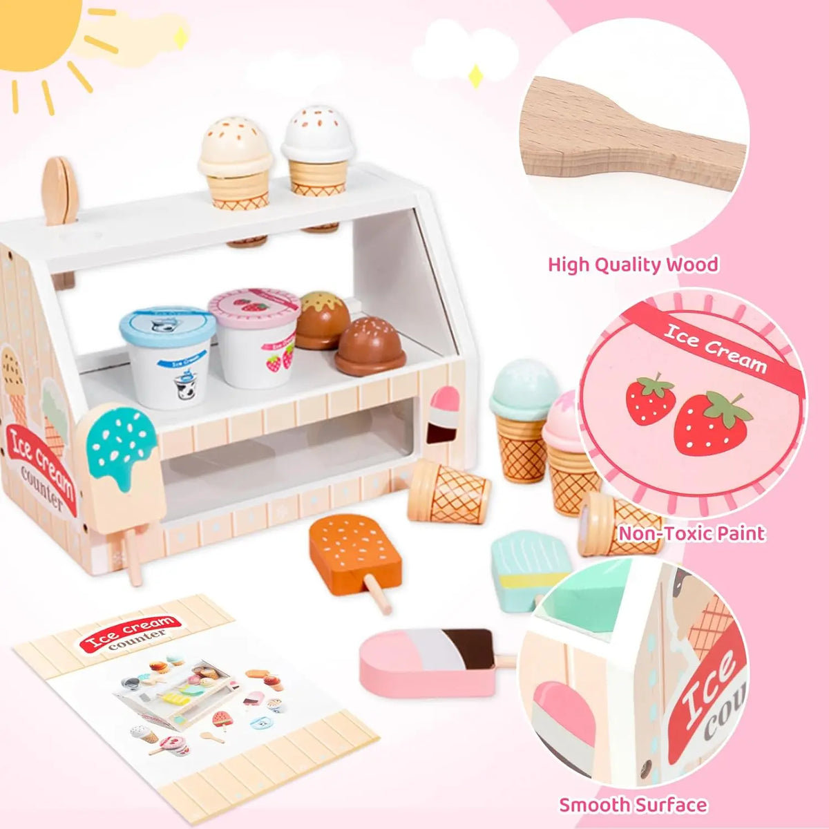 Wooden Ice Cream Toys for Toddler, Play Store Pretend Food Kitchen Accessories with Scoop & Menu & Toy Cash,Christmas Gift