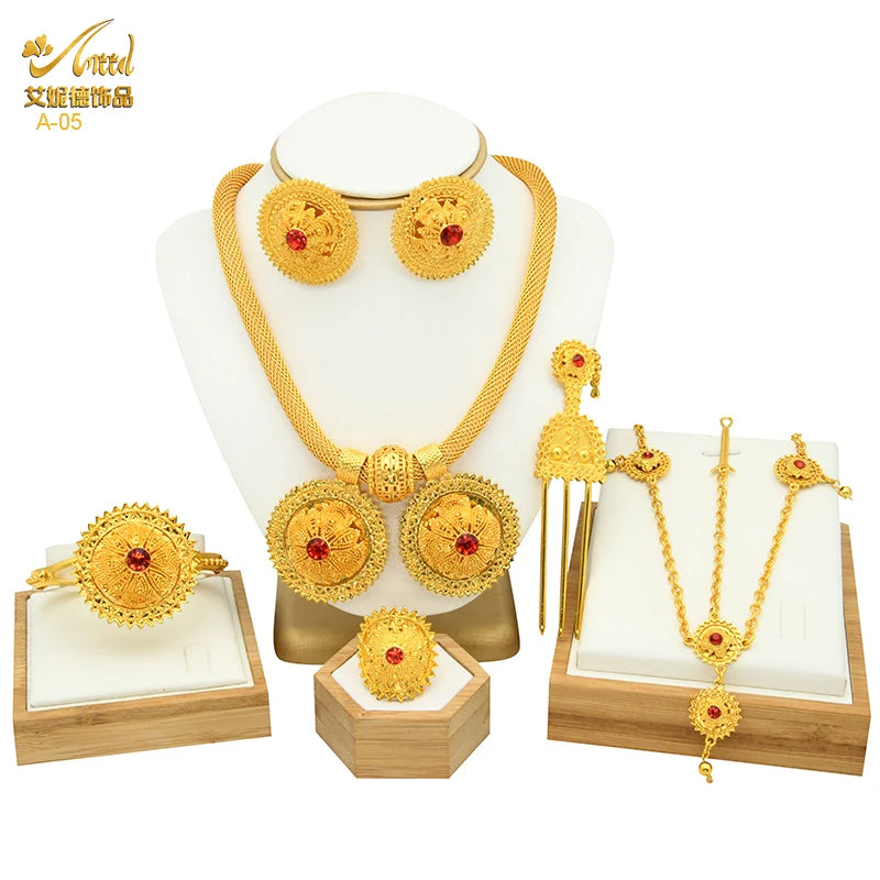 ANIID Ethiopian Gold Color 6pcs Jewelry Sets For Women Dubai Flower Shape Nigerian Luxury Necklace Jewellery Set Wedding Gifts