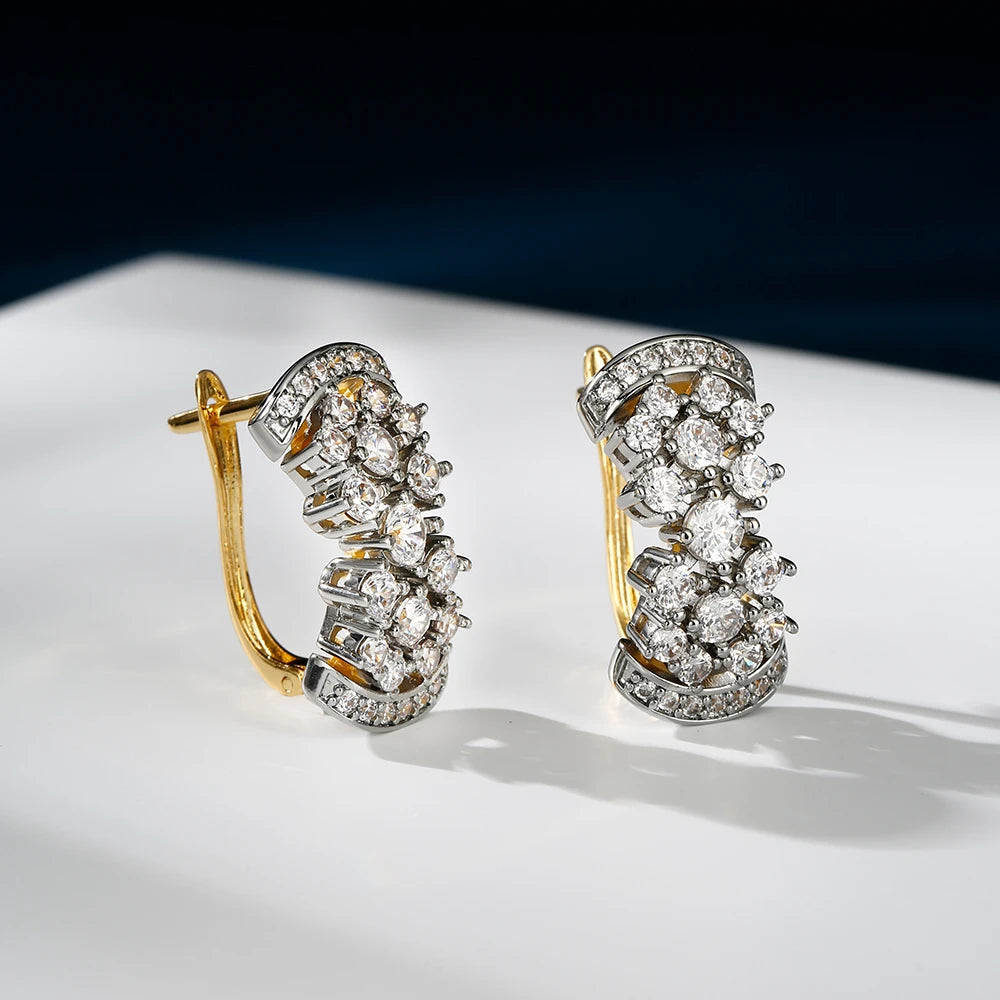 Shiny inlaid zircon earrings ring for women retro fashion jewelry copper plated 14K gold luxury banquet holiday gift jewelry set