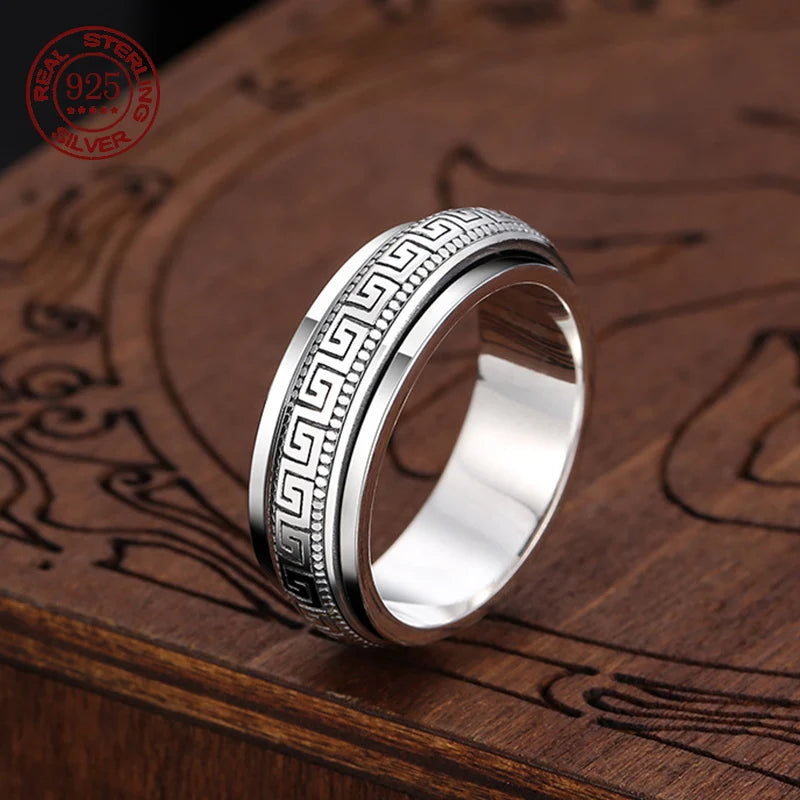 Factory Price S925 Sterling Silver Great Wall Pattern Spinner Ring Men Women Real Silver Double-layer Rotatable Rings Jewelry