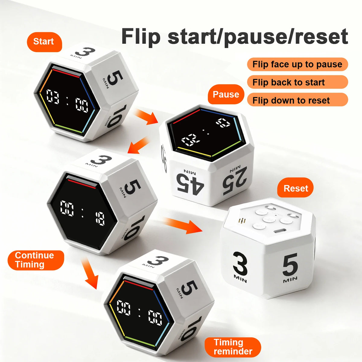 YS-1088 Productivity Flip Timer Gravity Sensor Countdown Visual Timer 6 Preset Time LED Display Cube Kitchen Timer Alarm Clock