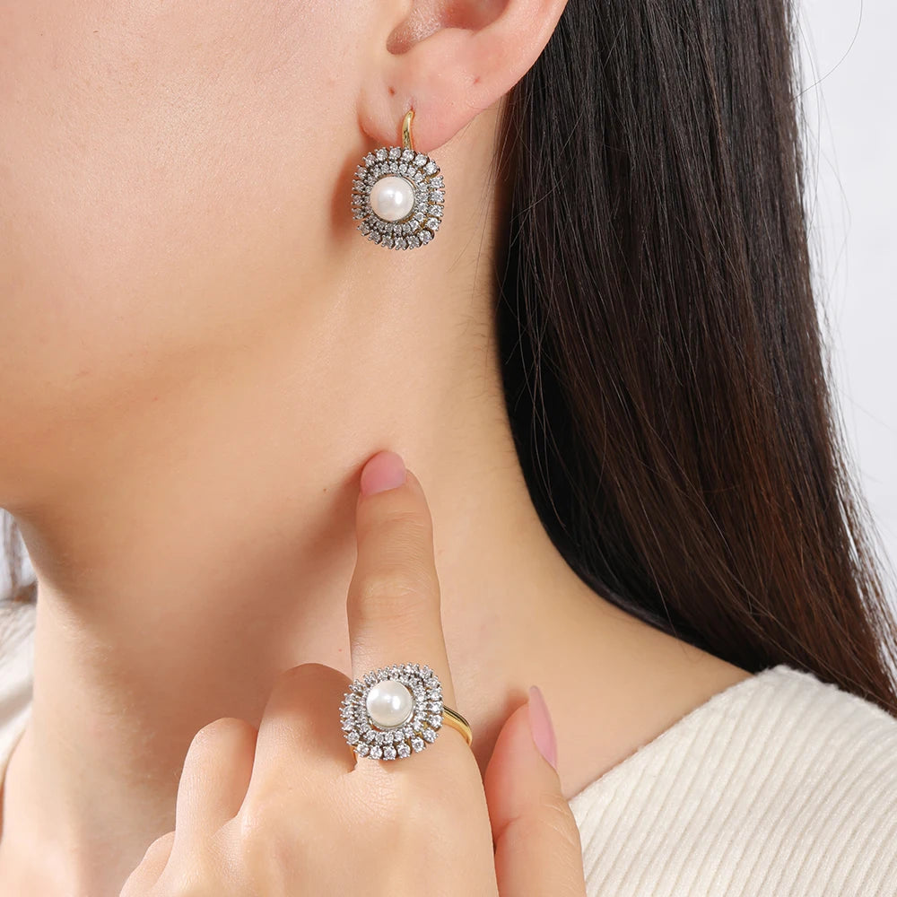 Women's Luxury Inlaid Zirconia Vintage Pearl Earrings Ring Set Copper Plated 14K Gold Fashion Jewelry Wedding Party Gift