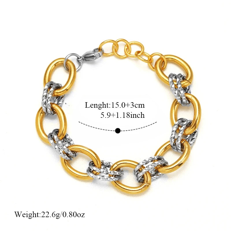 EILIECK 316L Stainless Steel Double Color Oval Necklace Bracelet Set For Women Hip-Hop Punk Twists Neck Chain Jewelry Gift