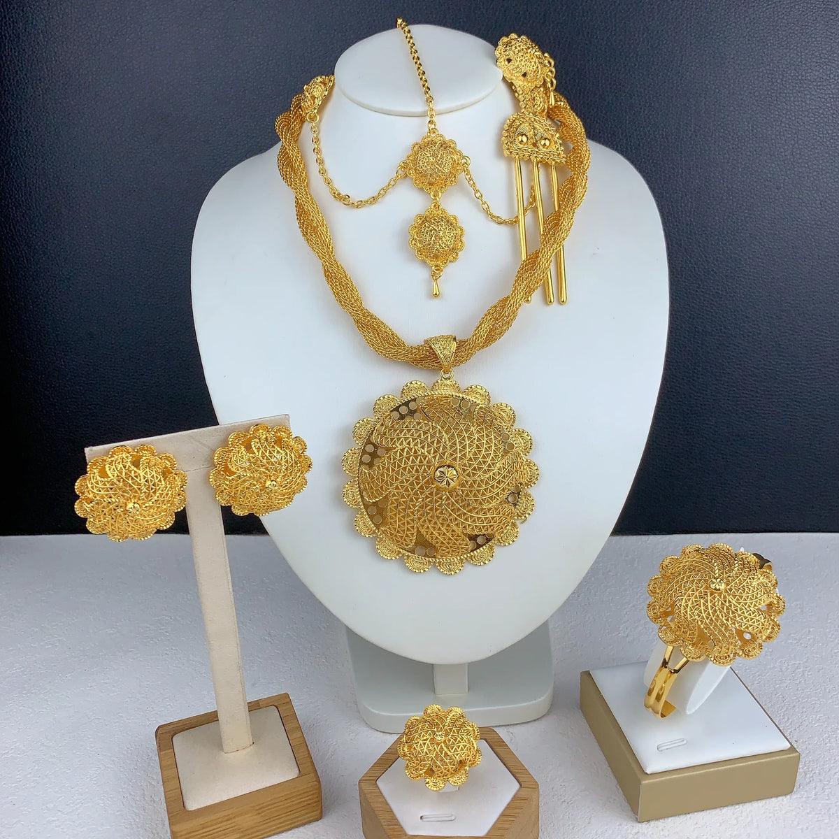 Ethiopian Dubai 24k Plated Gold 6PCS Jewelry Set For Woman African Indian Big Pendant Necklace Wedding Engagement Gifts