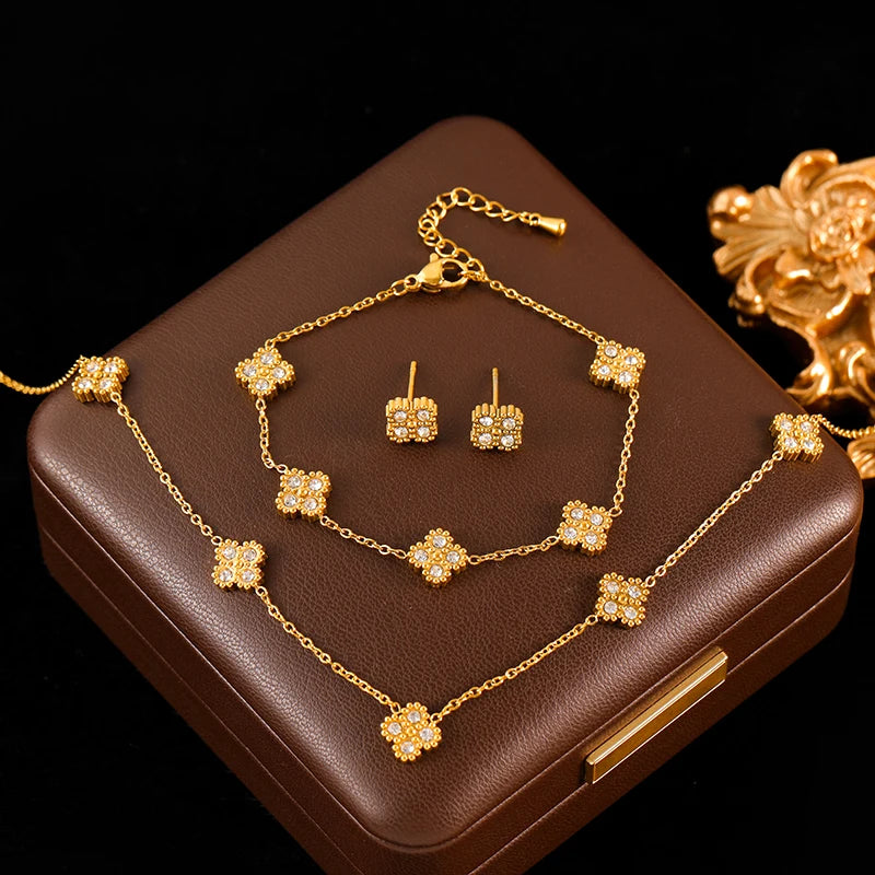 GANEMLY Stainless Steel  Sparkling White Zircon Flower Necklace Bracelet Earrings Set For Women Trendy Waterproof Jewelry Gift