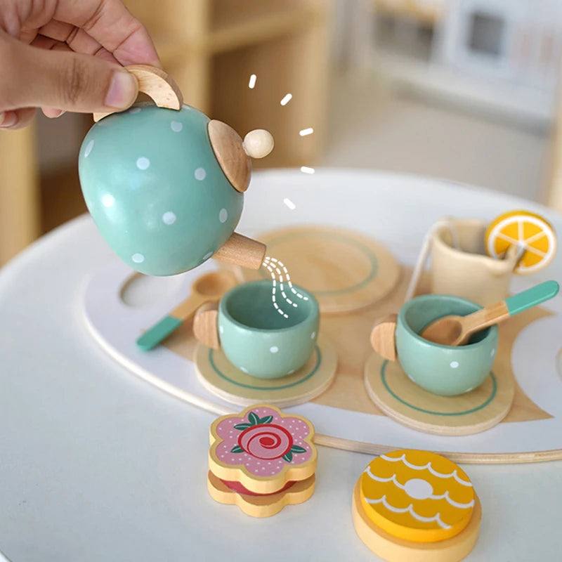 Kids Wooden Tea Set Play House Pretend Make Tea Play With Teapot Teacup Afternoon Snack Role Playing Toys Boys Girls Gift