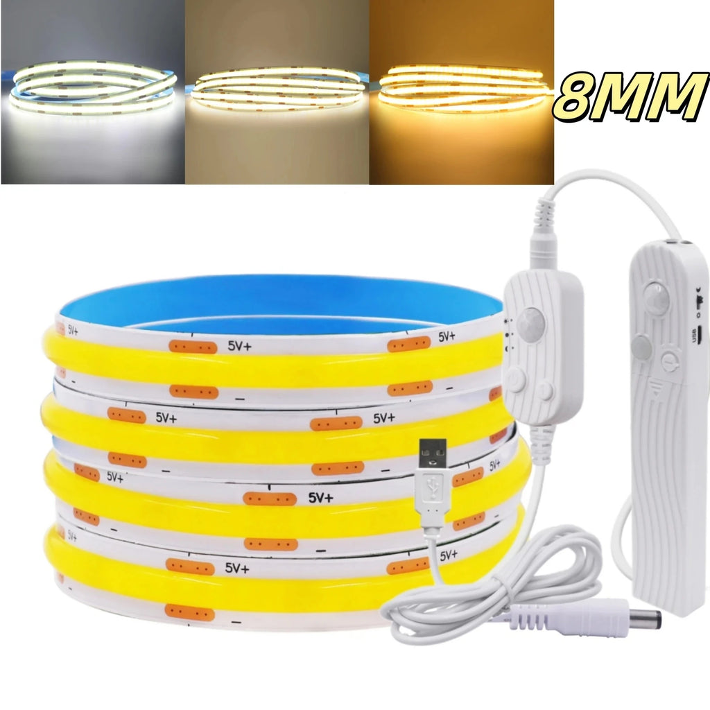 8MM COB LED Strip Light 5V 320LEDs/M Motion Sensor Dimmable Flexible LED Tape Ribbon USB/Battery Powered DIY Backlight for Room