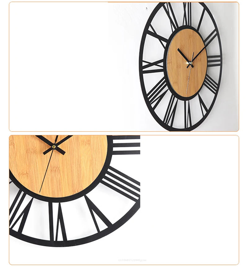 3D Large Wall Clocks Nordic Roman Numerals Retro Round Wood Metal Iron Accurate Silent Hanging Ornament Living Room Decoration