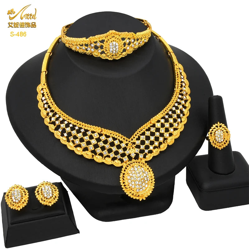 ANIID African Jewelry Set Big Necklace Dubai Ethiopian Gold Color Jewelery Earring Bracelet For Women Bridal Choker Wholesale