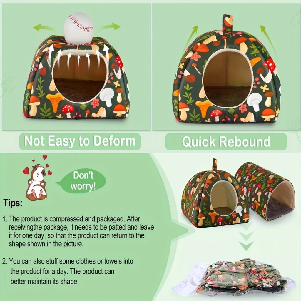 2PCS Glitter Soft Guinea Hideout & Tunnel - Washable Pet Bed with Adorable Mushroom & Flower Design for Hamster Rabbit Small Pet