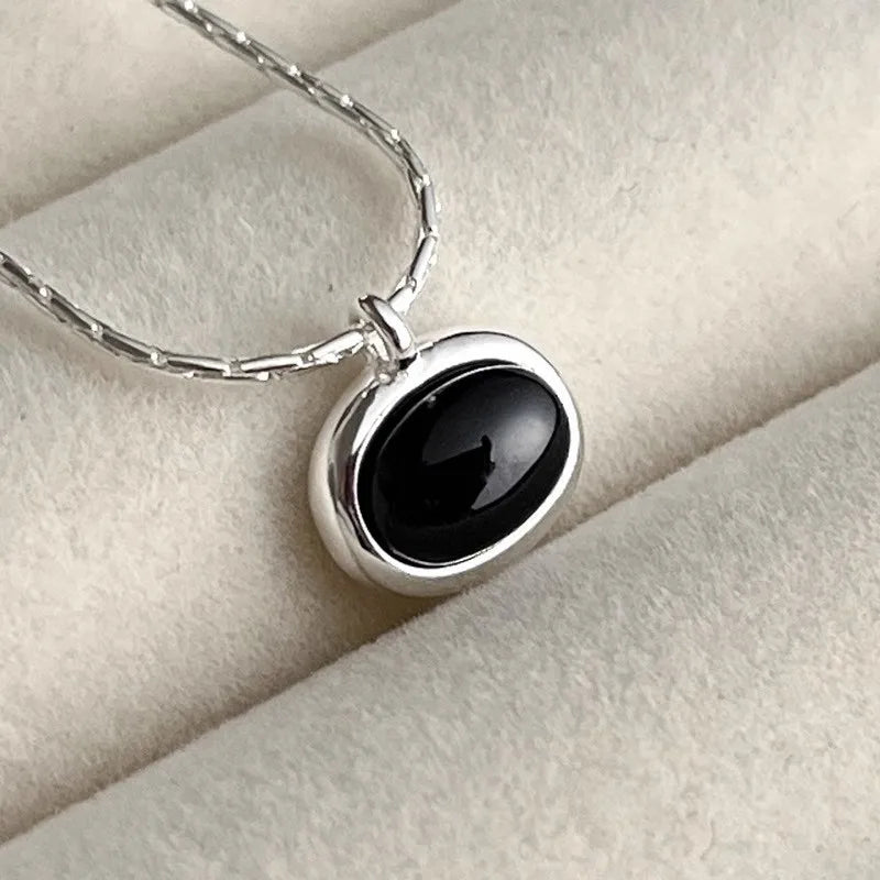 PANJBJ 925 Sterling Silver Onyx Necklace for Women Girl Concise Individuality Fashion Jewelry Birthday Gift Dropshipping