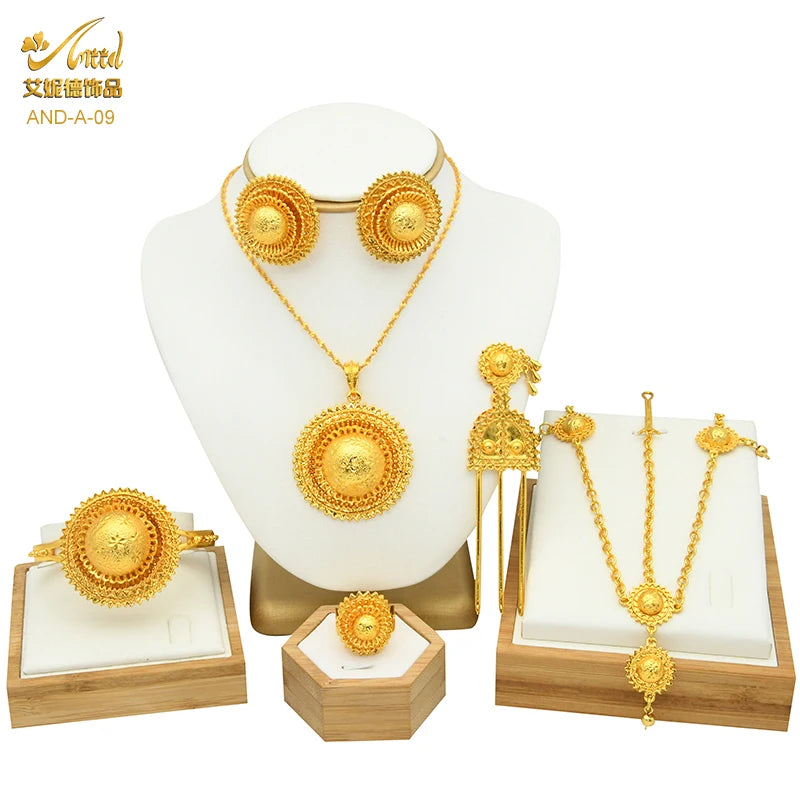 ANIID Ethiopian Gold Color 6pcs Jewelry Sets For Women Dubai Flower Shape Nigerian Luxury Necklace Jewellery Set Wedding Gifts