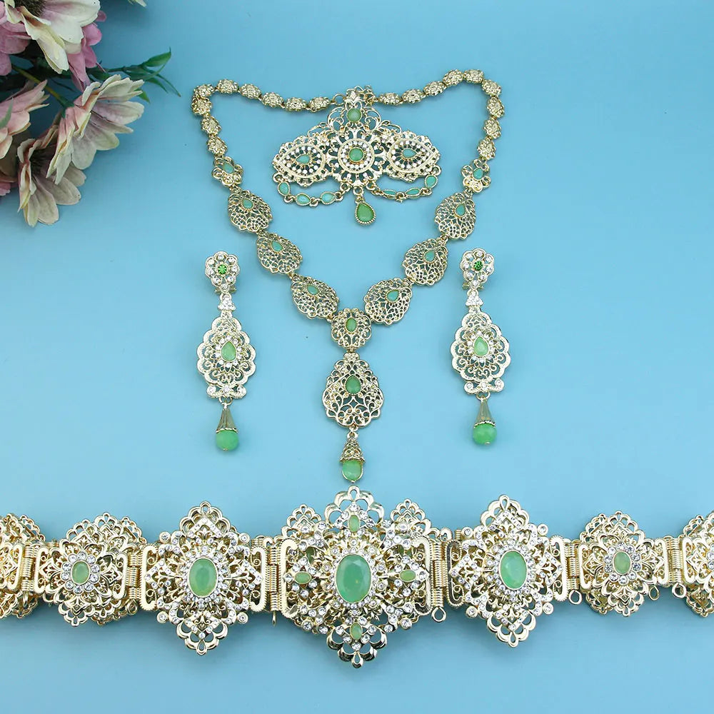 Sunspicems Chic Arabic Bride Jewelry Sets For Women Gold Color Crystal Morocco Belt Necklace Caftan Brooch Earring Muslim Sets