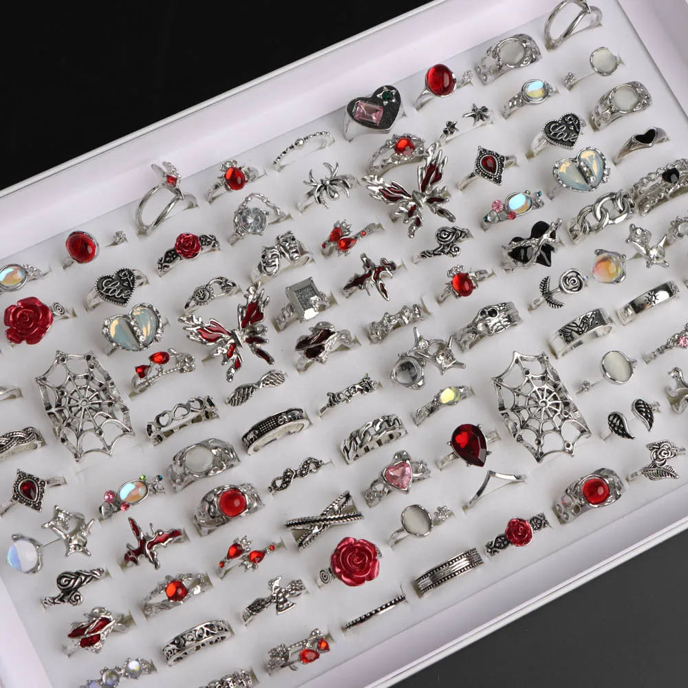 10/20/30/50/100Pcs/Lot Retro Punk Bohemian Rhinestone Carve Rings For Women Mix Style Jewelry Party Gifts Accessories Wholesale