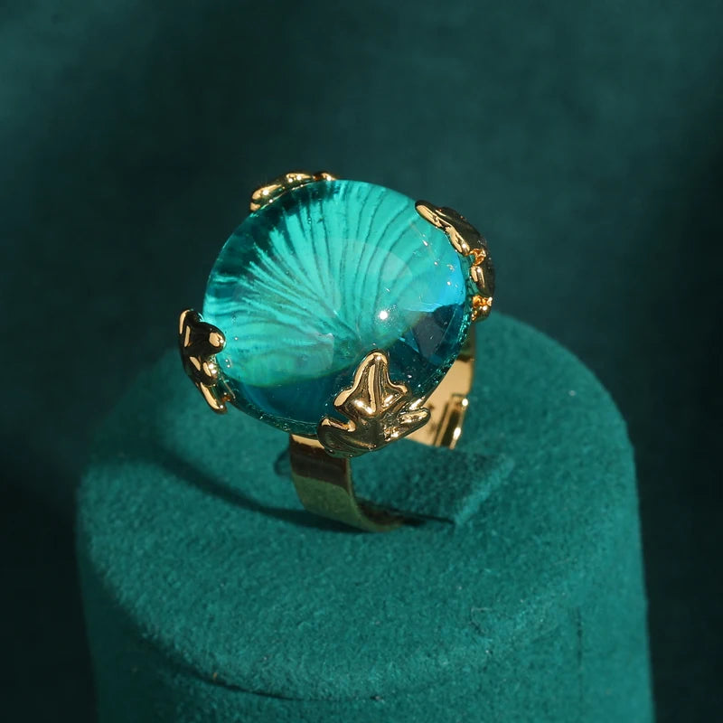 Vintage Wedding Rings for Women Round Blue Natural Oval Green Crystal Horse Eye Shape Glass Retro Pattern Gold Color Jewelry
