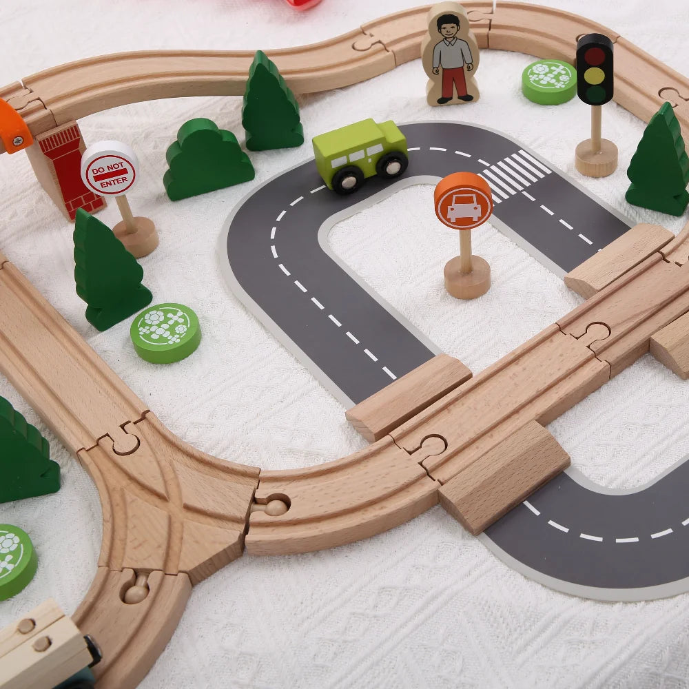 Boys Wooden Track Train Set Wooden Railway Car Educational Toys Compatible for Wooden Track Toys for Kids Gift