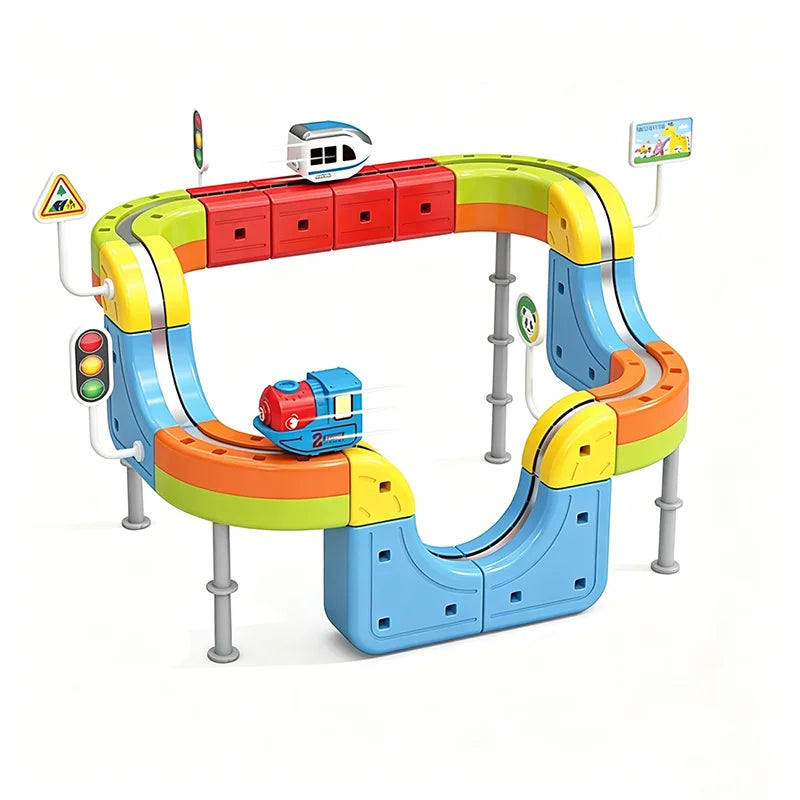 DIY Electric Magnetic Track Set with Anti-Gravity Vehicles 100+Pcs STEM Construction Railway Building Blocks Toy Gift for Kids