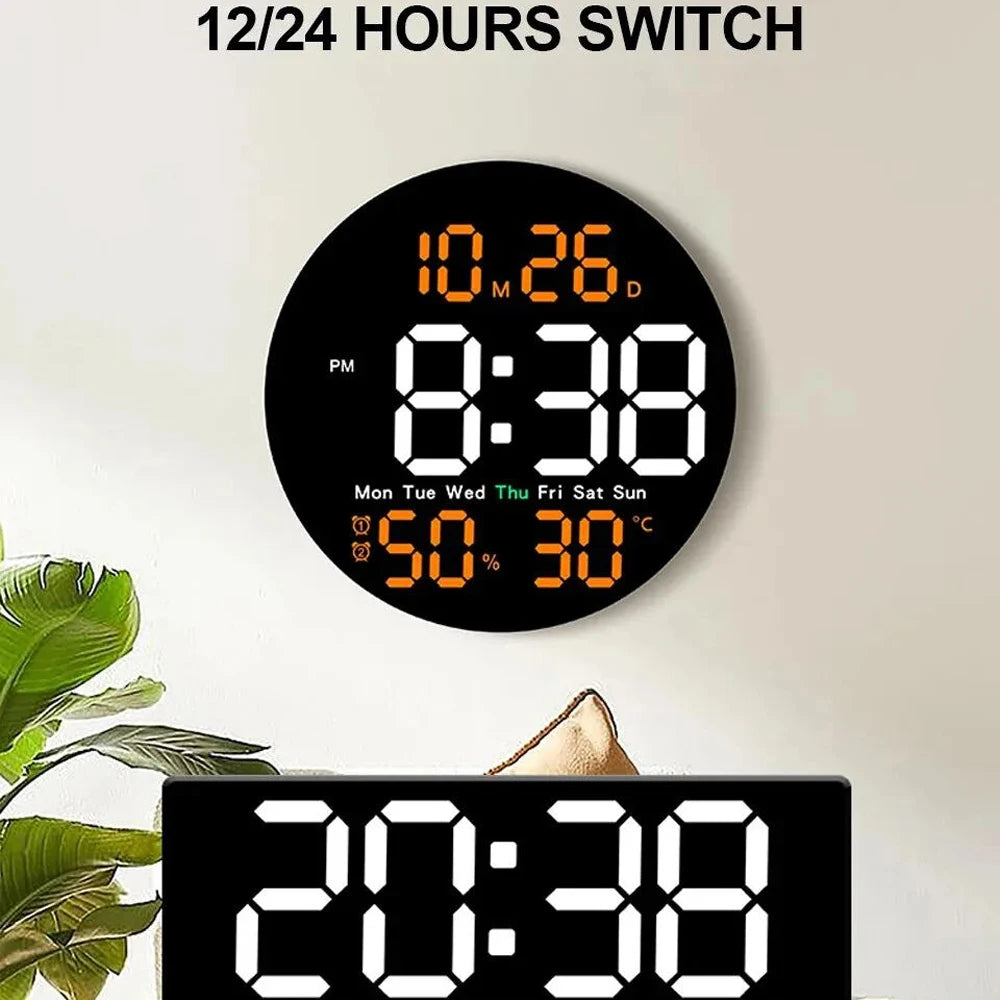 LED Wall Clock with Dual Alarms, Calendar and Temperature Display for Home Decoration. Brightness Adjustable