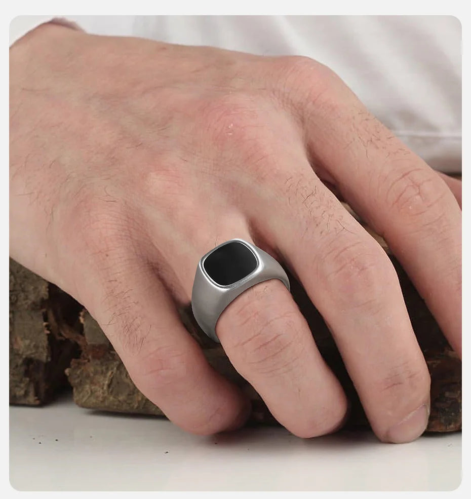 Vnox 12.5mm Signet Ring for Men, Black Square Top Stainless Steel Finger Band, Gothic Punk Rock Boy Stamp Rings