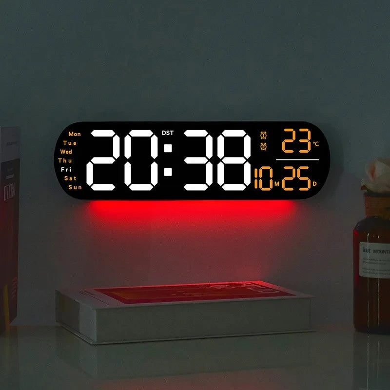 LED Digital Wall Clock With Remote Control Ambient Lights Time Date Temperature Display Alarm Clocks For Home Living Room Decor