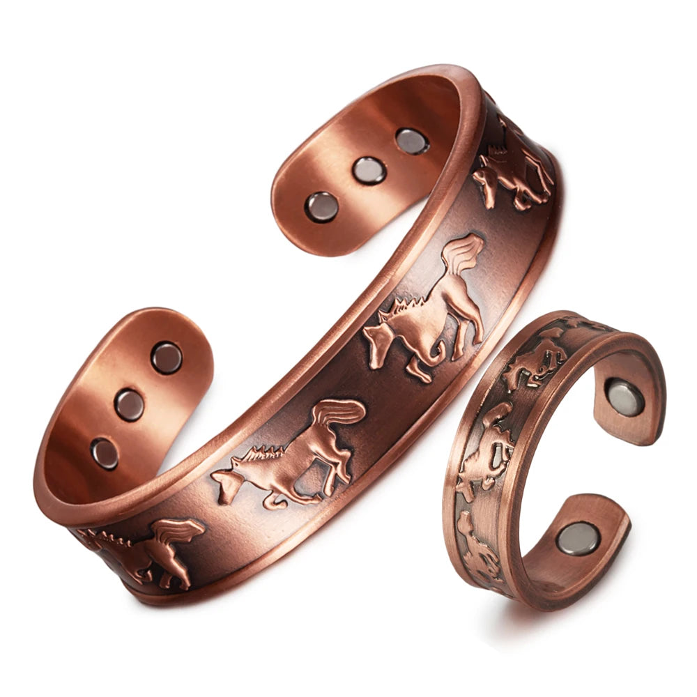 Pure Copper Jewelry Set Magnetic Horse Bracelets Rings Health Energy Adjustable Men Vintage Jewelry-set Open Cuff Resizable