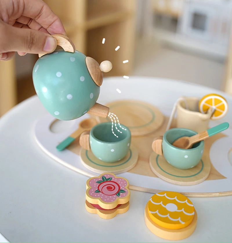 Kids Wooden Tea Set Play House Pretend Make Tea Play With Teapot Teacup Afternoon Snack Role Playing Toys Boys Girls Gift