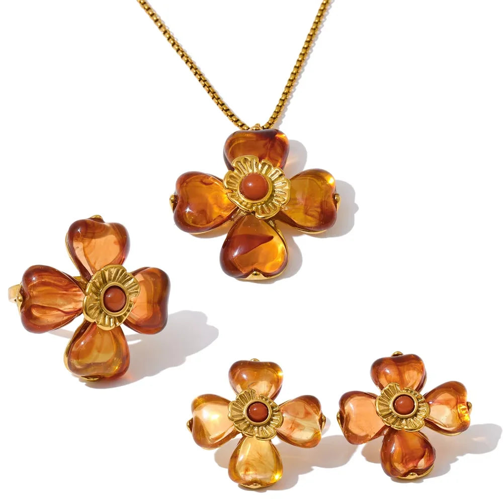 Yhpup Hot Style Acrylic Flower Pendant Necklace Earrings Ring Set for Women Stainless Steel Exquisite Jewelry Wholesale