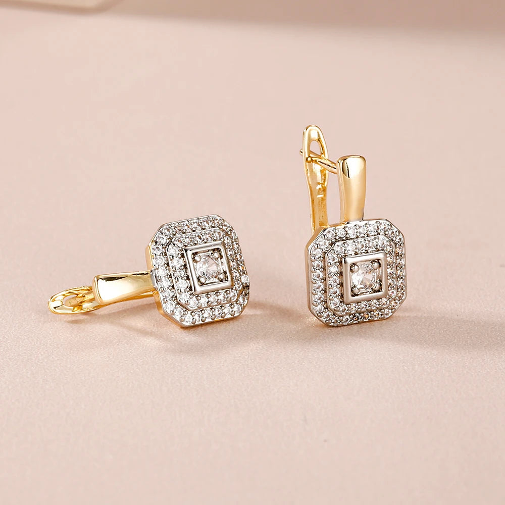 Square design inlaid zircon earrings ring copper plated 14K gold fashion jewelry set birthday party exquisite gift jewelry