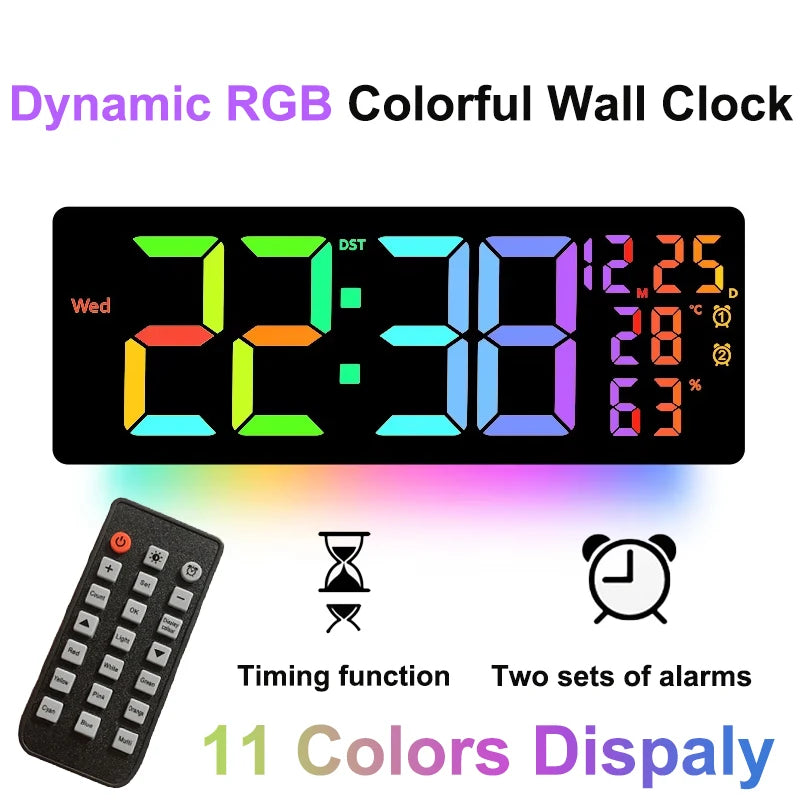 17" Large Digital Wall Clock 11Colors Dispaly & Dynamic RGB LED Clocks Temp Date Week Display Remote Control Dual Alarms Clock