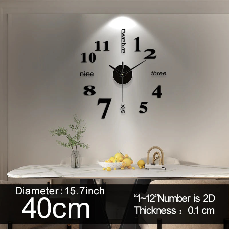 Large Wall Clock Quartz 3D DIY Big Watch Decorative Kitchen Clocks Acrylic Mirror Sticker Oversize Wall Clocks Home Letter Decor