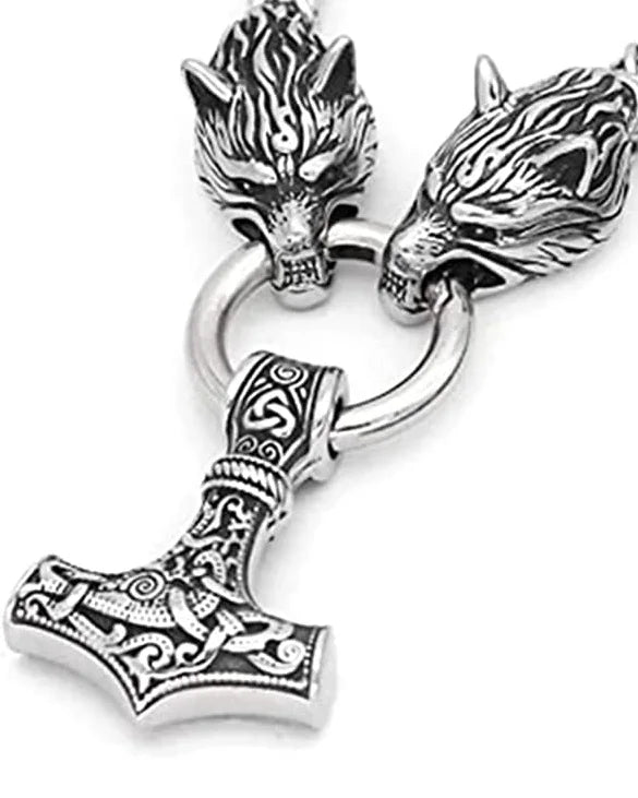Stainless Steel Wolf Head Pendant Byzantine Emperor Chain Necklace Bracelet Set Norse Viking Amulet Thor Hammer King Jewelry