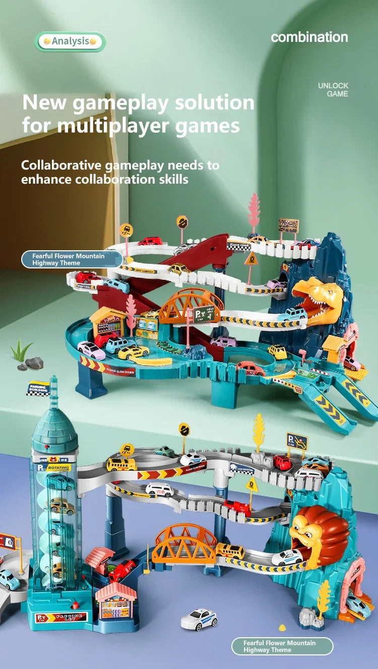 Lion King Mountain Large Adventure Race Track Vehicle Playset with Elevator Tunnel Building Car Track Toy Perfect Birthday Gift