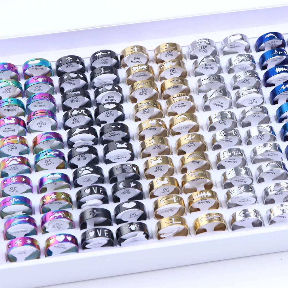 10/20/50/100Pcs/Lot Fashion Stainless Steel Stripe Heart Hollw Rings For Men Women Mix Style Simple Jewelry Party Gifts