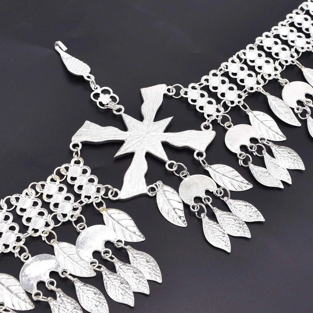 Silver Plated Assyrian Belt Hair Accessories Earrings for Women Kurdish Assyria Ethnic Colorful Flag Leaf Tassel Jewelry Sets