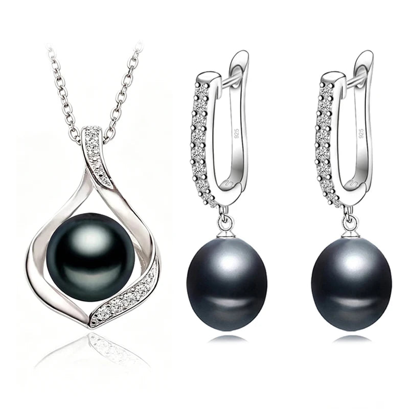 Real Natural Freshwater Pearl Necklace and Earrings Set For Women,Cute 925 Sterling Silver Pearl Jewelry Set Wedding Gift