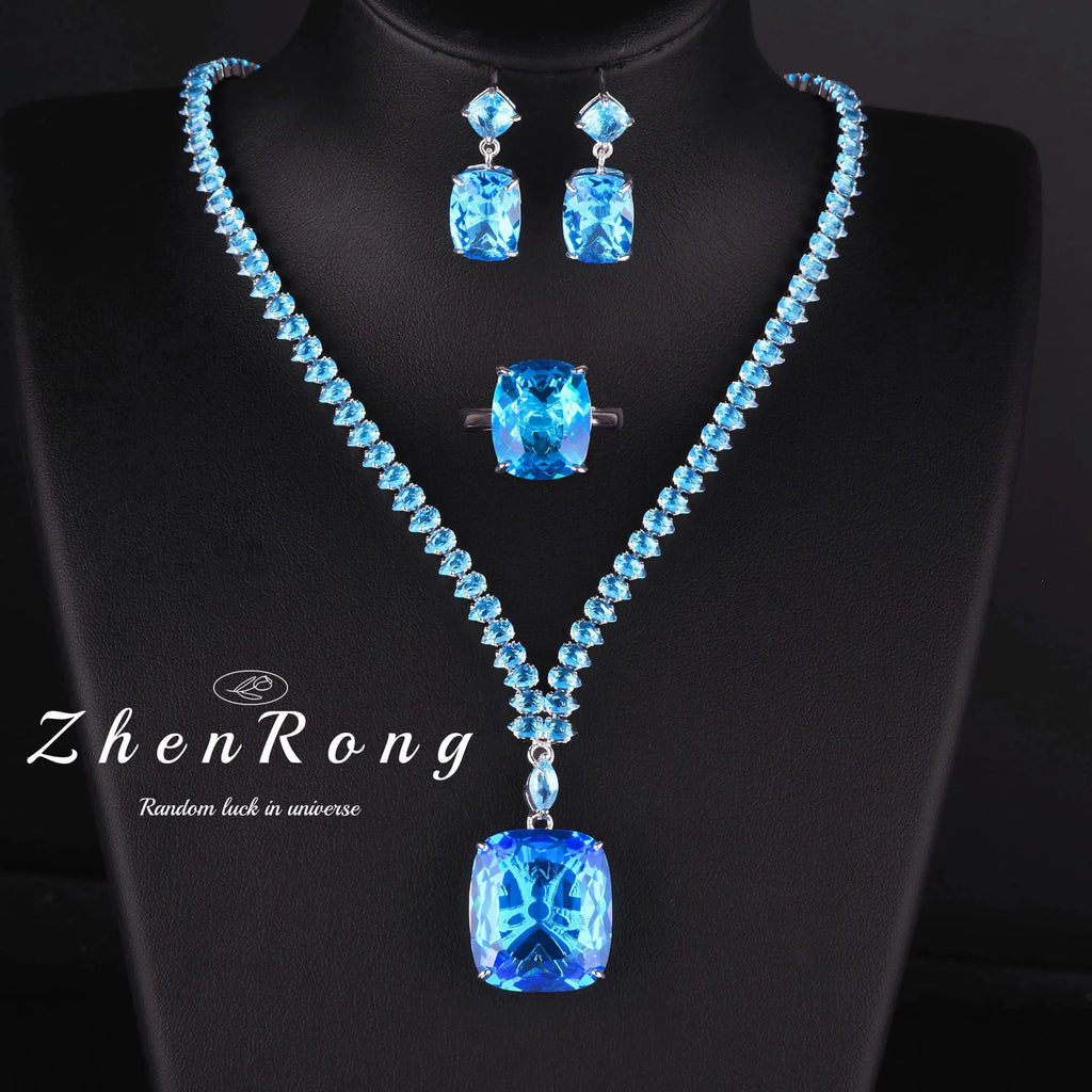 Foydjew Luxury 20 Carat Yellow/Red/Blue/Green Color Large Gemstone Jewelry Sets Pendant Necklaces Earrings Rings For Women
