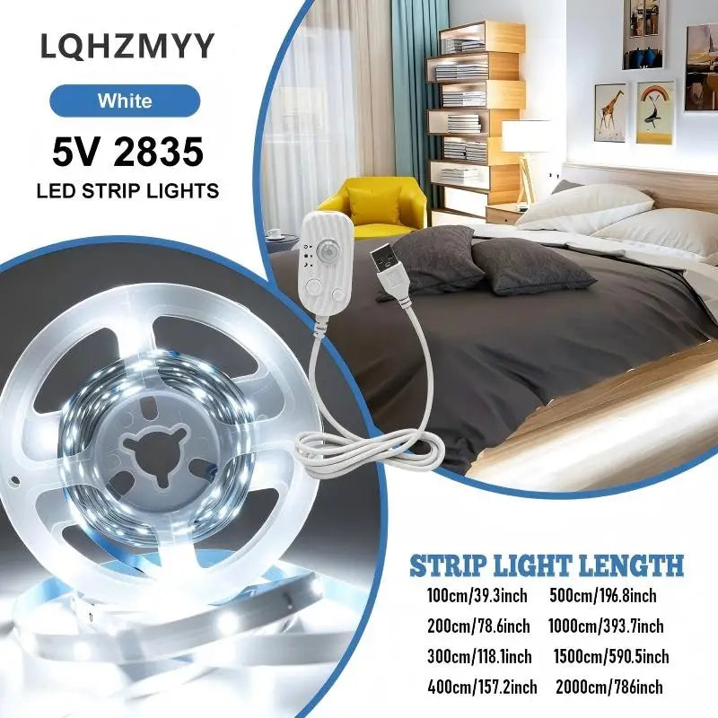 Suspended bed sensor LED light strip, low voltage 5V, USB powered, 1m to 20m, can be cut to any length, with a human body sensor switch that turns on when someone approaches. Night mode/day mode/constant light mode, su
