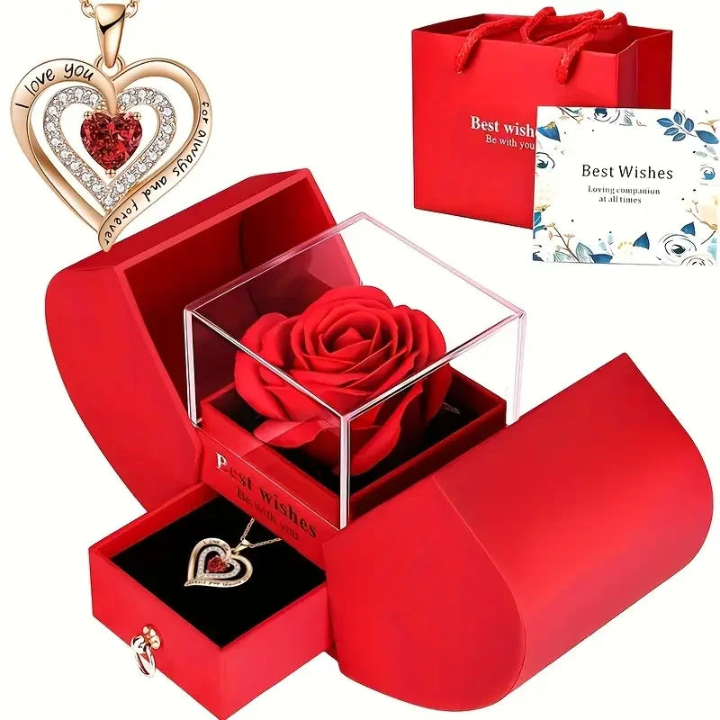 Heart Necklace with Red Rose Gift Box for Mother's Day Present, Christmas Day, Valentine's Date Souvenir, Anniversary Keepsake