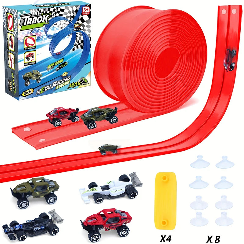 DIY Dual Flexible Track Car Racing Set with 498cm PVC Soft Race Track and 4 Sliding Cars Educational Toys Gift for Children Game