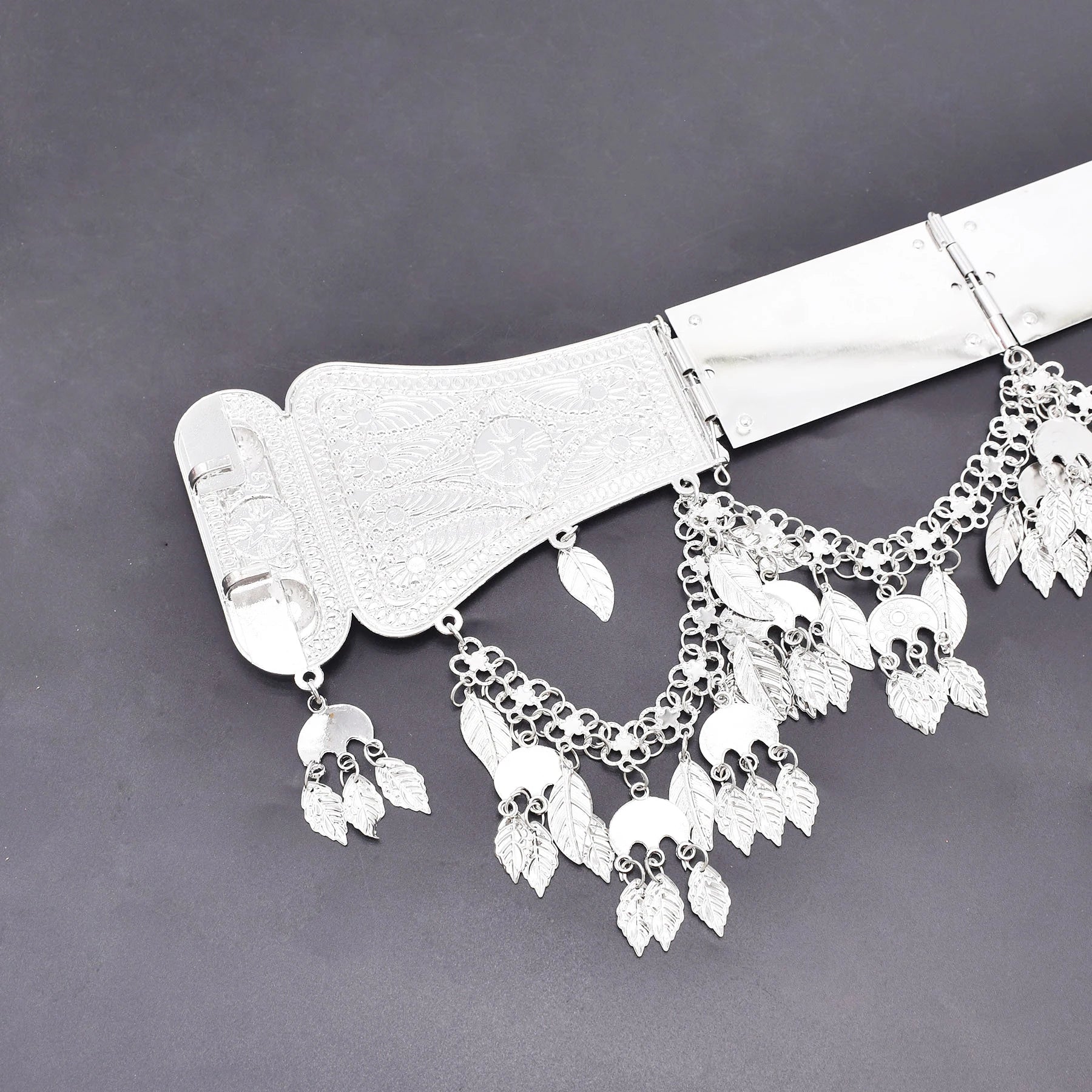 Silver Plated Assyrian Belt Hair Accessories Earrings for Women Kurdish Assyria Ethnic Colorful Flag Leaf Tassel Jewelry Sets